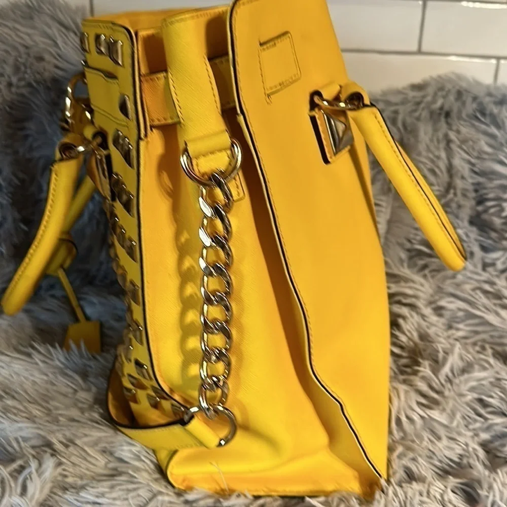 Michael Kors Hamilton bag wallet wristlet yellow studded. Large. 14” COA